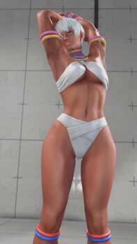 1girl animated bikini blue_eyes bracelet capcom dark-skinned_female dark_skin elena_(street_fighter) female_focus game_screenshot highres jewelry navel short_hair solo street_fighter street_fighter_6 stretching swimsuit tagme video video_game_screencap white_bikini white_hair