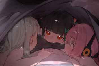 1boy 3girls angels_of_delusion aria_(zenless_zone_zero) black_hair black_male_underwear blunt_bangs blush bow bulge cooperative_fellatio erection erection_under_clothes fellatio fellatio_through_clothes green_bow headphones heavy_breathing highres loli looking_at_viewer male_underwear multiple_girls nangong_yu nose_blush oral pink_hair pov pov_crotch sunna_(zenless_zone_zero) sweat teamwork_(sexual) theflatfacadeds under_covers underwear zenless_zone_zero