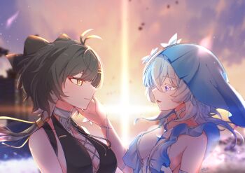 2girls absurdres bare_shoulders black_bow black_hair blue_hair blue_veil bow breasts closed_mouth commentary_request cross-laced_clothes cross-laced_dress dress eye_contact female_rover_(wuthering_waves) hair_bow hand_on_own_face highres large_breasts long_hair looking_at_another low_ponytail multiple_girls ponytail purple_eyes rover_(wuthering_waves) shorekeeper_(wuthering_waves) sleeveless sleeveless_dress smile starblame upper_body veil wuthering_waves yellow_eyes yuri