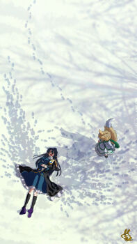 Rule 34 | 2girls, absurdres, animal ears, blonde hair, blue dress, blue hair, blue hat, coat, dress, footprints, fox ears, fox girl, fox tail, from above, geta, green ribbon, hat, highres, iizunamaru megumu, kudamaki tsukasa, laughing, long hair, lying, multiple girls, on back, ribbon, romper, shoulder guard, signature, skirt, sleeveless, sleeveless coat, snow, tail, tengu, tengu-geta, tokin hat, touhou, utyouten akako, white coat, white romper, white skirt