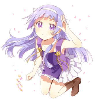 1girl blue_hair blunt_bangs boots brown_boots commentary female_focus flat_chest hair_tubes hairband highres kannagi long_hair nagi namori pleated_skirt purple_eyes skirt sleeveless smile solo thank_you translated white_skirt