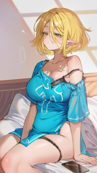 1girl black_bra blonde_hair blue_tunic bra breasts champion&#039;s_tunic_(zelda) commentary_request green_eyes highres indoors large_breasts messy_hair nintendo panties_around_thighs pointy_ears princess_zelda short_hair shuri_(84k) solo strap_slip the_legend_of_zelda the_legend_of_zelda:_tears_of_the_kingdom tunic underwear waking_up