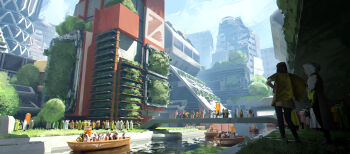 2others absurdres boat city commentary english_commentary felixriano from_behind grass highres landscape light_rays multiple_others original outdoors painterly people river ruins scenery science_fiction tower tree water watercraft