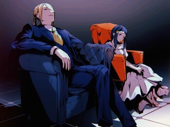 1boy 1girl adjusting_dress akari_(pokemon) black_hair blazer blonde_hair blue_jacket blue_pants chair crossed_legs dress dress_shirt drop_shadow facing_to_the_side formal_clothes grey_background grey_eyes hair_over_one_eye hand_on_own_knee high_heels highres indoors jacket leaning_back legs_together light_smile long_sidelocks looking_to_the_side mita_(itijitekinammm) necktie nintendo on_chair open_clothes open_jacket own_hands_together pants parted_bangs parted_hair pokemon pokemon_legends:_arceus ponytail shirt side-by-side sidelocks sitting suit tile_floor tiles vest volo_(pokemon) waistcoat white_dress yellow_necktie