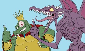 Rule 34 | alien, bloodshot eyes, cape, crocodile, crocodilian, crown, donkey kong (series), dragon wings, fat, fat man, highres, king k. rool, metroid, nintendo, ridley, teevo, thumbs up, wings, wrist cuffs, yellow eyes