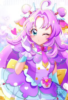 1girl abstract_background ahoge akechi_anna blowing_kiss blue_eyes blush bow brooch buttons capelet commentary_request cowboy_shot cure_answer double-breasted double_bun dress earrings glove_bow gloves hair_bun hair_flaps hair_intakes hair_ornament heart heart_brooch heart_in_eye highres jewelry layered_dress long_hair looking_at_viewer magical_girl meitantei_precure! momotarouooi one_eye_closed pact_holder precure puckered_lips purple_bow purple_capelet purple_dress purple_hair sidelocks solo sparkle standing symbol_in_eye watermark white_gloves