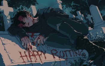 1boy arm_pillow black_hoodie black_nails bleeding blood boots broken_glass colored_sclera curled_up death english_text eyewear_on_head from_below full_body glass grass half-closed_eyes head_rest highres hood hood_down hoodie lying male_focus on_side open_mouth original outdoors pants red-tinted_eyewear rolling_eyes shadow sidelighting sitting_on_tombstone slit_throat solo tinted_eyewear tombstone torn_clothes torn_pants tree wormudon yellow_sclera