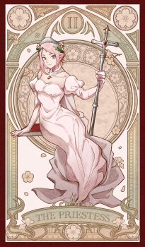 Rule 34 | 1girl, art nouveau, breasts, card, cherry blossoms, cleavage, closed mouth, collarbone, commentary, detached collar, detached sleeves, dress, facial mark, falling petals, forehead mark, gloves, green eyes, hair bun, haruno sakura, highres, holding, holding staff, juliet sleeves, long dress, long sleeves, medium breasts, medium hair, naruto (series), parted bangs, petals, pink dress, pink gloves, pink hair, pink sleeves, puffy sleeves, sayaendou0426, sitting, smile, solo, staff, tarot, tarot card, the high priestess (tarot), tiara, untranslatable commentary, updo