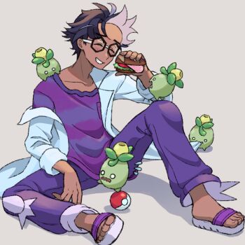 1boy amanegi_toro black-framed_eyewear black_hair blush closed_eyes commentary_request dark-skinned_male dark_skin food glasses grin holding holding_food jacq_(pokemon) male_focus nintendo off_shoulder on_shoulder pants poke_ball poke_ball_(basic) pokemon pokemon_(creature) pokemon_on_shoulder pokemon_sv purple_pants purple_shirt sandals sandwich shirt short_hair sitting smile smoliv spread_legs teeth toes