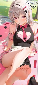 1girl arm_support bare_arms barefoot black_dress blurry blush breasts cleavage collared_dress day depth_of_field dress feet grass grey_hair hair_between_eyes hair_ornament highres long_hair looking_at_viewer necktie original outdoors parted_lips pink_necktie radoremo red_eyes shadow sitting soles toes tree white_background x_hair_ornament