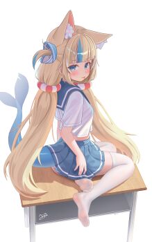 1girl absurdres alternate_costume animal_ear_fluff animal_ears blonde_hair blue_eyes blue_hair blue_skirt cat_ears closed_mouth commentary desk feet fins fish_girl fish_tail fpvjoe full_body hashtag-only_commentary highres indie_virtual_youtuber long_hair looking_at_viewer multicolored_hair no_shoes on_desk one_side_up sameko_saba shirt sitting skirt smile soles solo streaked_hair tail thighhighs toes tongue tongue_out very_long_hair virtual_youtuber white_background white_shirt white_thighhighs