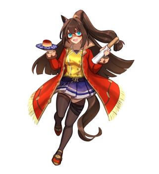 Rule 34 | 1girl, animal ears, baguette, belt, black thighhighs, blue eyes, blue skirt, blush, bread, breasts, brown hair, coat, collarbone, commentary, domino mask, ear scrunchie, el condor pasa (el numero 1) (umamusume), el condor pasa (umamusume), english commentary, eye mask, food, full body, hair between eyes, holding, holding food, holding plate, horse ears, horse girl, horse tail, jacket, long hair, long sleeves, looking at viewer, martypcsr, mask, medium breasts, open mouth, plate, pleated skirt, ponytail, red coat, red jacket, shirt, simple background, skirt, smile, solo, tail, thighhighs, umamusume, white background, yellow shirt