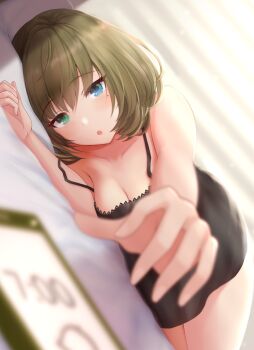 1girl :o bare_arms blue_eyes blurry blurry_foreground blush breasts cellphone cleavage clock collarbone female_focus green_eyes green_hair heterochromia highres idolmaster idolmaster_cinderella_girls indoors kirifrog lingerie lying medium_breasts medium_hair mole mole_under_eye negligee on_bed on_side open_mouth phone pillow reaching sleepwear solo strap_slip takagaki_kaede time underwear