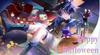 1boy alternate_costume beads belt belt_buckle black_belt black_boots black_gloves black_hat black_shirt blunt_ends boots brown_vest buckle candle candlestand claw_pose coffin coin cu09291 curled_fingers eyeliner eyeshadow fangs fingernails fire gem genshin_impact gloves gold_coin green_fire green_gemstone halloween halloween_costume hand_up happy_halloween hat highres jacket lace-up_boots lapels long_sleeves looking_at_viewer makeup male_focus mandarin_collar open_clothes open_jacket purple_eyes purple_hair purple_jacket purple_sleeves red_eyeliner red_eyeshadow scaramouche_(genshin_impact) shirt shorts sitting skull solo teeth thigh_strap tongue tsurime two-sided_fabric two-sided_headwear undershirt vest white_shorts wispy_bangs witch_hat yellow_hat yellow_trim