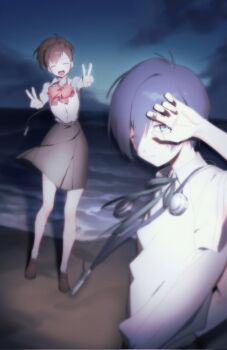 1boy 1girl 7_ps beach black_ribbon black_skirt blue_eyes blue_hair blurry bow brown_hair brown_shoes closed_eyes collared_shirt commentary covering_face depth_of_field mp3_player double_v full_body gekkoukan_high_school_uniform hair_ornament hairclip headphones highres loafers neck_ribbon one_eye_closed open_mouth overexposure persona persona_3 persona_3_portable red_bow ribbon school_uniform shiomi_kotone shirt shoes short_hair short_sleeves skirt smile standing symbol-only_commentary v vignetting white_shirt yuuki_makoto_(persona_3)