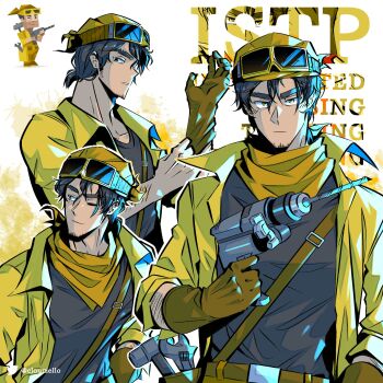 16personalities 1boy bandana bandana_around_neck beard_stubble black_hair brown_eyes brown_gloves closed_mouth cloumello commentary double-parted_bangs facial_hair gloves goggles goggles_on_headwear grey_shirt hair_between_eyes hat highres holding holding_power_drill jacket looking_at_viewer male_focus multiple_views myers-briggs_type_indicator open_clothes open_jacket power_drill shirt short_hair stubble virtuoso_(16personalities) yellow_bandana yellow_hat yellow_jacket yellow_theme