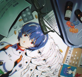 4zw89qkqagggcf7 ayanami_rei blue_hair bodysuit breasts broken_eyewear closed_mouth expressionless glasses highres id_card mecha_pilot_suit medicine medium_breasts neon_genesis_evangelion paper pill plugsuit_(evangelion) red_eyes short_hair translation_request white_bodysuit