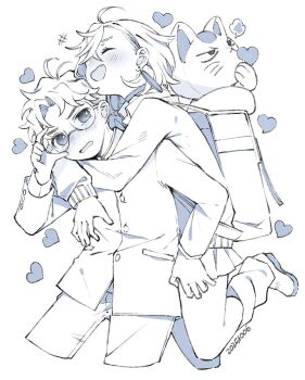 1boy 2girls adjusting_eyewear arms_around_neck ayase_momo backpack bag blush bow bowtie choker closed_eyes collared_shirt comimingming commentary_request cowboy_shot cropped_legs dandadan dated earrings fang foot_up gakuran glasses greyscale hair_between_eyes heart hug hug_from_behind jacket jewelry korean_commentary long_sleeves loose_socks maneki-neko miniskirt monochrome multiple_girls open_mouth pleated_skirt puff_of_air school_uniform shirt short_hair skirt socks sweater takakura_ken_(dandadan) turbo_granny_(dandadan) white_background