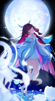 Rule 34 | 1girl, absurdres, barefoot, black hair, blue flower, closed eyes, closed mouth, collarbone, columbina (genshin impact), commentary request, dress, facing up, feathered wings, flower, full body, full moon, genshin impact, hair ribbon, head wings, highres, knees up, kuuhenki (genshin impact), long hair, moon, multiple wings, nail polish, pink hair, pink nails, ribbon, sazanami (re n rentaro), sidelocks, smile, solo, toes, twitter username, white dress, white flower, white ribbon, wings, wrist ribbon