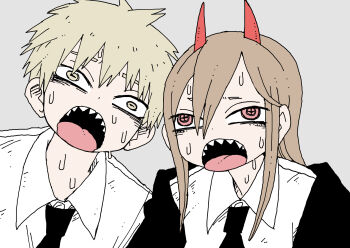 Rule 34 | 1boy, 1girl, abe tomomi, black necktie, blonde hair, brown hair, chainsaw man, commentary request, demon horns, denji (chainsaw man), highres, horns, long hair, necktie, open mouth, power (chainsaw man), red eyes, sharp teeth, shirt, short hair, sweat, teeth, white shirt