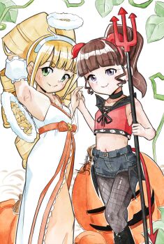 2girls absurdres angel_wings armpits artist_name bare_shoulders black_boots blonde_hair blue_eyes blush boots bow breasts brown_hair child closed_mouth dated demon_horns demon_tail demon_wings dress drill_hair fishnets flat_chest halloween halloween_costume halo highres horns jeans_shorts leaves lipstick looking_at_viewer makeup multiple_girls nanaeljustice navel orange_bow original pumpkin ringlets shorts side_ponytail small_breasts smile swanilda_(nanaeljustice) tail tamaki_(nanaeljustice) white_dress wings