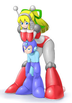 Rule 34 | 1girl, :d, absurdres, aged up, android, antennae, arm behind back, armor, armored boots, arms up, bent over, bikini, bikini armor, blonde hair, blue bodysuit, blue boots, blue eyes, blush, bodysuit, boots, bored, breasts, commentary request, earphones, full body, gloves, gorget, green eyes, green ribbon, hair between eyes, hair ribbon, hairband, hands on own face, hands on own head, headphones, helmet, highres, hyper roll (marvel vs. capcom), joints, knee boots, knee pads, large breasts, long hair, looking at viewer, looking down, marvel vs. capcom, mechanical arms, mechanical boots, mechanical legs, mega man (classic), mega man (series), open mouth, ponytail, radio antenna, red armor, red bikini, red boots, ribbon, robot, robot girl, robot joints, roll (mega man), shoulder armor, sidelocks, signature, simple background, smile, solo, spread legs, swimsuit, tall female, white background, yg (user hfse3388)