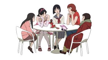 6+girls black_hair brown_hair brown_shoes chair coat creator_connection elbow_gloves fujiwara_chiyoko gloves hairband highres idol_clothes jinou_rakugaki kirigoe_mima maromi medium_hair miyuki_(tokyo_godfathers) mousou_dairinin multiple_girls neckerchief paprika paprika_(character) perfect_blue pink_hairband red_coat red_neckerchief red_shirt ririco_(yumemiru_kikai) sagi_tsukiko sandals school_uniform sennen_joyuu shirt shoes simple_background sitting table tokyo_godfathers white_background yumemiru_kikai