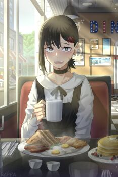 3girls :d beads black_eyes black_hair blonde_hair bright_pupils business_suit butter capelet chainsaw_man choker cup day diner dragon_girl dragon_horns drawing_(object) dress food fork formal_clothes fried_egg frilled_capelet frills hair_beads hair_ornament higashiyama_kobeni highres holding holding_cup horns indoors jewelry kanna_kamui kobayashi-san_chi_no_maidragon light_purple_hair long_hair looking_at_viewer low_twintails medium_hair mole mole_on_cheek mole_under_eye mole_under_mouth multiple_girls multiple_moles necklace nervous open_mouth pancake pancake_stack plate pochita_(chainsaw_man) ponytail pov_across_table rappa_(sirrappa) right-hook_dog sandwich short_ponytail smile solo_focus steam suit sunlight table tile_floor tiles tohru_(maidragon) twintails upper_body white_pupils window