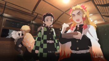 4boys agatsuma_zenitsu bento black_pants black_shirt blonde_hair brown_hair button_prompt checkered_haori demon_slayer_uniform earrings eating food haori hashibira_inosuke holding_bento japanese_clothes jewelry kamado_tanjirou kimetsu_no_yaiba multiple_boys pants rengoku_kyoujurou samidare_(hoshi) sekiro:_shadows_die_twice shirt sitting subtitled topless_male train_interior translation_request user_interface yellow_haori