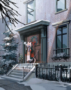 1girl animal_hat bush coat dress fence haru_akira hat original rabbit_hat scarf scenery snow snow_on_tree solo standing tree urban winter_clothes winter_coat wreath