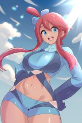 Rule 34 | 1girl, aqua jacket, blue eyes, breasts, creatures (company), curvy, echizen (n fns17), game freak, gloves, hair between eyes, hair ornament, hand up, hands on own hips, jacket, large breasts, looking at viewer, midriff, navel, nintendo, open mouth, pokemon, pokemon bw, red hair, shorts, skyla (pokemon), smile, solo, teeth, thick thighs, thighs, toned, tongue, upper teeth only, white background, wide hips