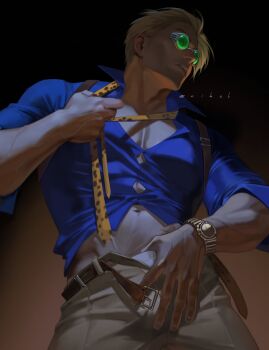 1boy adam&#039;s_apple animal_print belt blonde_hair blue_shirt brown_belt brown_pants collared_shirt covered_pectorals cowboy_shot goggles green-tinted_eyewear highres jujutsu_kaisen leopard_print long_sleeves male_focus male_pubic_hair male_underwear male_underwear_peek nanami_kento navel navel_hair necktie open_belt open_fly pants pectoral_cleavage pectorals pubic_hair shirt short_hair solo tinted_eyewear twitter_username underwear undressing veins veiny_arms watch white_male_underwear why_all_this wristwatch yellow_necktie