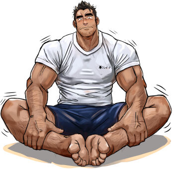 1boy absurdres arm_hair bara barefoot beard_stubble blue_shorts broad_shoulders brown_hair bulge commentary_request facial_hair full_body hand_hair highres leg_hair light_blush looking_down male_focus muscular muscular_male on_floor original shirt shorts sideburns simple_background sitting solo star_(symbol) stubble suamaru thick_arms thick_eyebrows veins veiny_arms veiny_hands white_background white_shirt