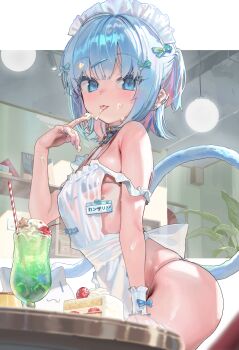 1girl apron arm_support bikini blue_bikini blue_eyes blue_hair blush breasts cat_tail commentary_request cream cream_on_face cream_on_hands cup drinking_glass drinking_straw food food_on_face frilled_apron frills highres indie_virtual_youtuber kanzarin kanzarin_(vtuber) looking_at_viewer maid_headdress multicolored_hair nearly_naked_apron pink_hair short_hair small_breasts smoothie strap_slip streaked_hair swimsuit tail thighs tongue tongue_out two_side_up virtual_youtuber white_apron white_headdress