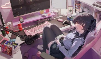1girl :o absurdres black_hair black_ribbon black_skirt black_thighhighs blush breasts chair coca-cola computer_keyboard computer_mouse controller dark_souls_(series) elden_ring game_console game_controller grey_shirt hair_ribbon handheld_game_console highres holding holding_controller holding_game_controller idolmaster idolmaster_shiny_colors indoors ku_qiao_kujo long_sleeves looking_at_viewer looking_to_the_side mayuzumi_fuyuko medium_breasts microphone monitor monster_energy nintendo_3ds nintendo_switch on_chair p-head_producer photo_(object) playing_games playstation_5 producer_(idolmaster) ribbon shirt sitting skirt slippers solo sweatdrop thighhighs totoro two_side_up unworn_slippers wireless_keyboard wireless_mouse