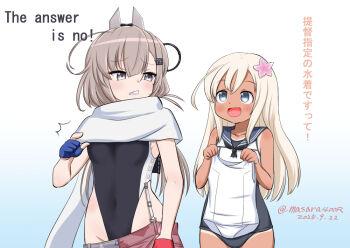 Rule 34 | 2girls, american flag, american flag print, asymmetrical gloves, black neckerchief, black one-piece swimsuit, blonde hair, blue background, blue eyes, blue sailor collar, commentary, commentary request, dark-skinned female, dark skin, dated, denim, denim skirt, english commentary, flag print, flower, gloves, grey eyes, grey hair, hair flower, hair ornament, headgear, highleg, highleg one-piece swimsuit, holding, holding swimsuit, holding unworn clothes, kantai collection, long hair, masara (chuujou), mismatched gloves, multiple girls, neckerchief, one-hour drawing challenge, one-piece swimsuit, one-piece tan, partially fingerless gloves, print skirt, ro-500 (kancolle), sailor collar, sailor shirt, scarf, school swimsuit, shirt, skirt, sleeveless, sleeveless shirt, super highleg, swimsuit, tan, tanline, translated, twitter username, two-tone one-piece swimsuit, unworn swimsuit, wahoo (kancolle), white scarf