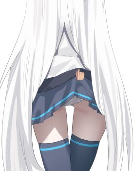 1girl 1other ass black_skirt black_thighhighs blue_archive clothes_lift disembodied_hand from_behind jacket k_mugura kei_(blue_archive) kei_(student)_(blue_archive) lifting_another's_clothes loli long_hair panties simple_background skirt skirt_lift solo thighhighs underwear very_long_hair white_background white_hair white_jacket white_panties