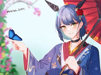 +_+ 1girl ananda_hikari artist_name azur_lane black_choker blue_hair blue_kimono blue_streaks blurry blurry_background blush breasts bug butterfly butterfly_on_hand choker collarbone commentary cross english_commentary fingernails flower flower_request gascogne_(azur_lane) gascogne_(traveling_mood_mechanism)_(azur_lane) grin hair_flower hair_ornament headgear highres holding holding_umbrella insect japanese_clothes kimono long_fingernails looking_at_viewer medium_breasts multicolored_hair official_alternate_costume oil-paper_umbrella open_mouth pink_nails short_hair simple_background smile solo streaked_hair umbrella upper_body white_background yellow_eyes