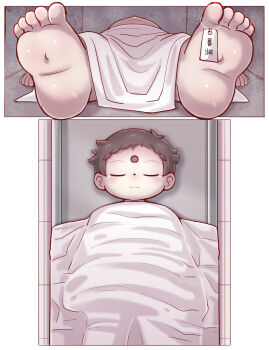 1boy aged_down barefoot blanket brown_hair chinese_text closed_eyes closed_mouth corpse cover death dying feet firing foot_focus guro headshot highres hospital male male_focus male_gore original shoot shot shota sleeping solo solo_focus xiao_weiba