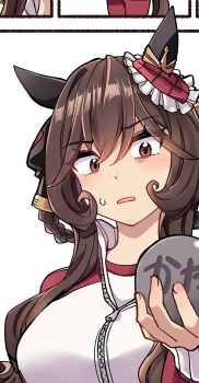 animal_ears braid braided_hair_rings breasts brown_eyes ear_covers gentildonna_(umamusume) hair_ornament hair_rings heart heart-shaped_ornament heart_hair_ornament highres holding horse_ears horse_girl ido_(teketeke) large_breasts long_hair metal_ball red_eyes umamusume unfinished upper_body