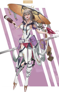 1girl armor blush bodysuit bottle breasts clothing_cutout cup drunk goddess_of_victory:_nikke grey_hair hat highres hip_armor holding holding_behind_back holding_bottle holding_weapon_behind_back japanese_armor jingasa kote large_breasts large_hat leotard long_hair sakazuki scarlet_(nikke) shoulder_armor sode solo sword ukai_(fmxc3282) ukai_all weapon white_bodysuit white_leotard yellow_eyes