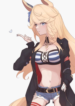 Rule 34 | 1girl, animal ears, bandeau, belt, black jacket, blonde hair, blue bow, blue eyes, blush, bow, breasts, chahiro, chain, cleavage, cutoffs, denim, denim shorts, ear bow, gold chain, gold city (authentic/1928) (umamusume), gold city (umamusume), hand in pocket, heart, highres, horse ears, horse girl, horse tail, jacket, long hair, long sleeves, looking at viewer, medium breasts, midriff, navel, open clothes, parted lips, shorts, simple background, solo, stomach, strapless, striped bandeau, tail, tube top, umamusume