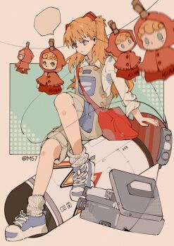 1girl absurdres artist_name bag blank_speech_bubble character_name closed_mouth clothesline earphones full_body grey_eyes highres knee_up long_hair loose_socks m57 neon_genesis_evangelion orange_hair overalls pants pants_rolled_up photo-referenced red_bag shoes shoulder_bag sneakers socks solo souryuu_asuka_langley speech_bubble white_socks