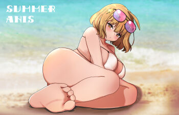 Rule 34 | 1girl, absurdres, anis (nikke), anis (sparkling summer) (nikke), ass, bare arms, bare legs, bare shoulders, barefoot, beach, bikini, blonde hair, blush, breasts, character name, closed mouth, commentary, day, dot mouth, eyepatch bikini, eyewear on head, feet, goddess of victory: nikke, hair between eyes, highres, large breasts, legs, looking at viewer, official alternate costume, orange eyes, outdoors, pink-tinted eyewear, sand, short hair, soles, solo, sunglasses, swimsuit, tinted eyewear, toes, tsubatya, water, white bikini