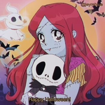 1990s_(style) 1girl 2boys animification character_doll closed_mouth doll formal_clothes graveyard jack_skellington jacket jeyrablue lipstick long_hair long_sleeves looking_at_viewer makeup multiple_boys patchwork_clothes patchwork_skin pinstripe_pattern pinstripe_suit retro_artstyle sally_(nbc) skeleton skeleton_print smile stitched_face stitches striped_clothes striped_vest suit the_nightmare_before_christmas vertical-striped_clothes vertical-striped_vest vest zero_(nbc)