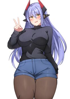 1girl absurdres alternate_costume android black_sweater blush breasts commission commissioner_upload denim denim_shorts facial_mark from_below hand_on_own_hip highres large_breasts long_hair long_sleeves looking_at_viewer meidza_d non-web_source pantyhose poppi_(xenoblade) poppi_qtpi_(xenoblade) purple_hair ribbed_sweater robot_ears shorts smile solo sweater turtleneck turtleneck_sweater v vgen_commission white_background xenoblade_chronicles_(series) xenoblade_chronicles_2 yellow_eyes