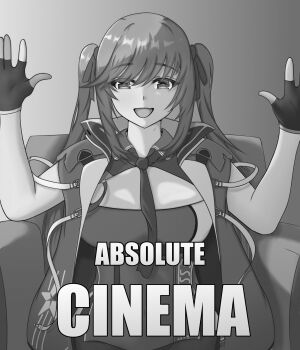 Rule 34 | 1girl, absolute cinema (meme), absurdres, azur lane, essex (azur lane), fang, fingerless gloves, gloves, greyscale, hands up, highres, looking at viewer, meme, monochrome, open mouth, sitting, skin fang, solo, swept bangs, twintails, wororg