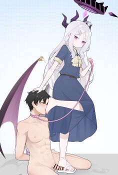 1boy 1girl absurdres barefoot blue_archive clothed_female_nude_male collar demon_wings feet foot_worship footjob hand_on_another's_head highres hina_(blue_archive) leash licking_foot light_blush long_hair nude purple_eyes sandaljob sandals shoejob toes white_hair wings wl217_(nicexa111)