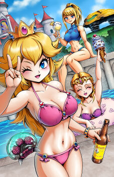 3girls arm_up armpit_peek beer_bottle bikini blonde_hair blue_eyes blush breasts castle cleavage crossover drink elf food highres ice_cream large_breasts legs long_hair looking_at_viewer mario_(series) metroid metroid_(creature) metroid_larva multiple_girls navel nintendo open_mouth parted_lips pink_bikini pink_lips pointy_ears pool princess_peach princess_peach's_castle samus's_gunship samus_aran sitting smile super_smash_bros. swimsuit teeth the_legend_of_zelda thighs toned tongue very_long_hair water
