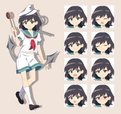 Rule 34 | 1girl, 4rion, absurdres, anchor, anchor symbol, black footwear, black hair, closed eyes, closed mouth, commentary request, expressions, full body, green eyes, green sailor collar, grey background, hat, highres, holding, kneehighs, midriff peek, murasa minamitsu, neckerchief, open mouth, puffy short sleeves, puffy sleeves, red neckerchief, sailor collar, sailor hat, sailor shirt, school uniform, serafuku, shirt, short hair, short sleeves, shorts, simple background, socks, standing, tachi-e, touhou, white hat, white shirt, white shorts, white socks